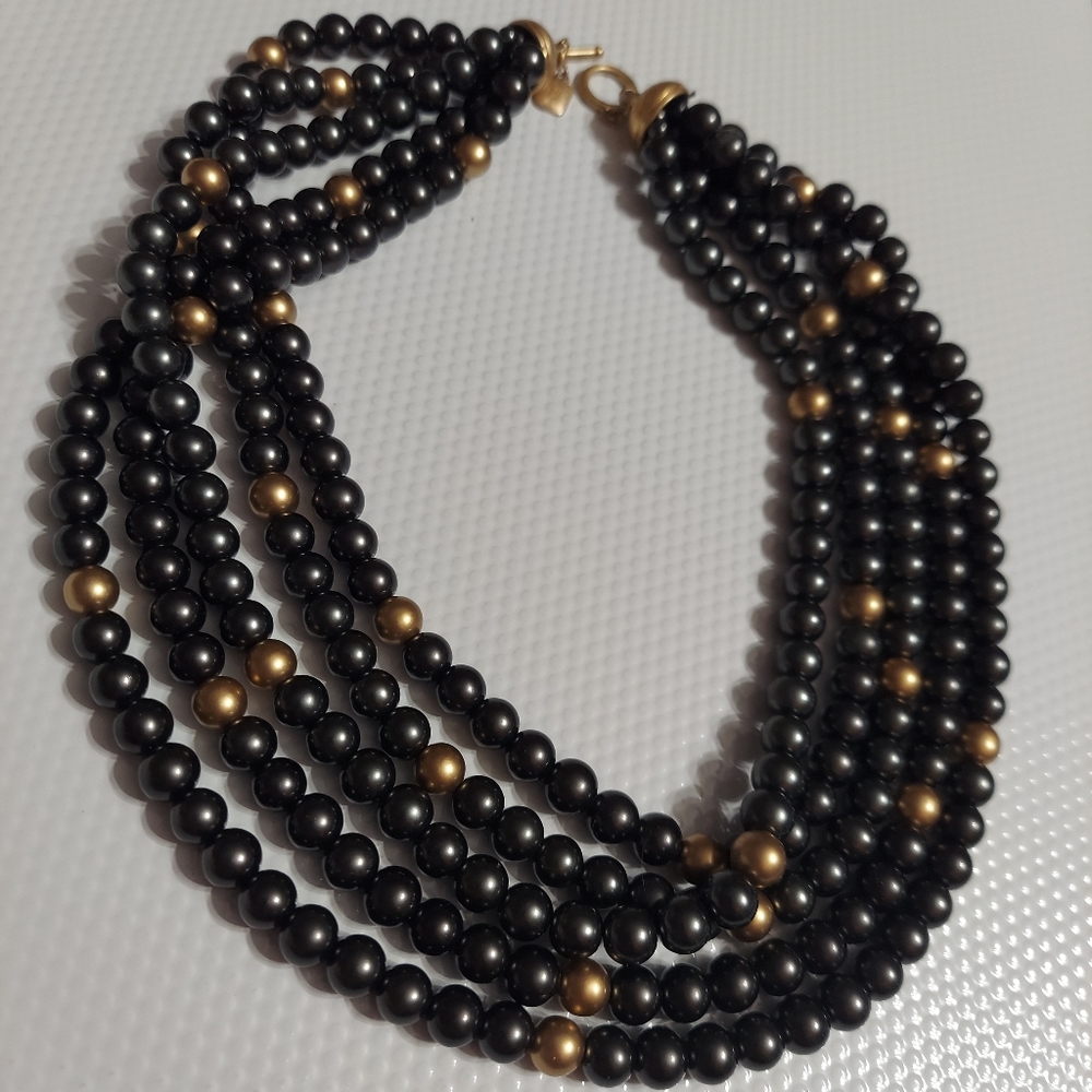 Ralph Lauren Multi-Strand Charcoal & Frosted Gold Beaded Statement Necklace - Picture 2 of 3